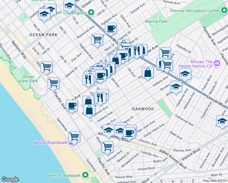 map of restaurants, bars, coffee shops, grocery stores, and more near 541 Sunset Avenue in Los Angeles