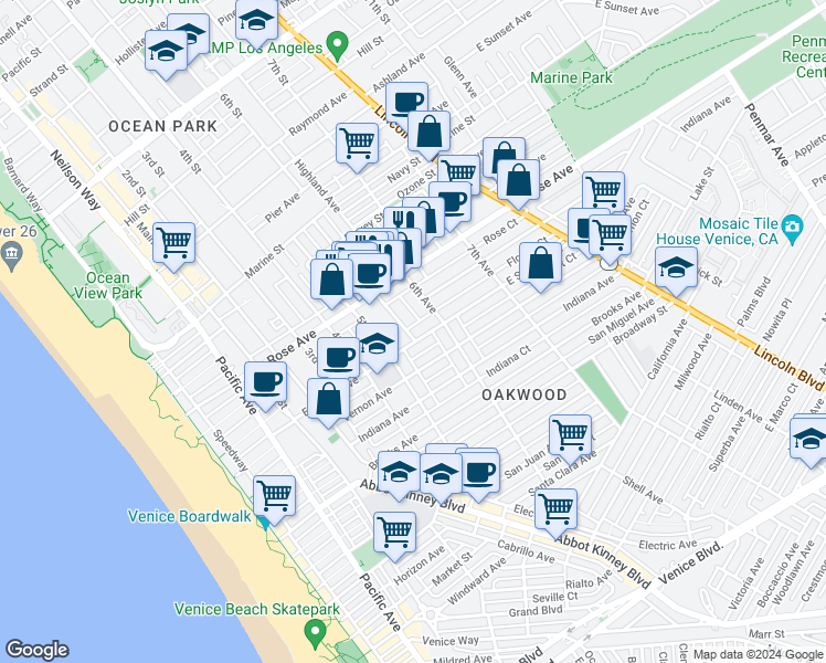 map of restaurants, bars, coffee shops, grocery stores, and more near 541 Sunset Avenue in Los Angeles