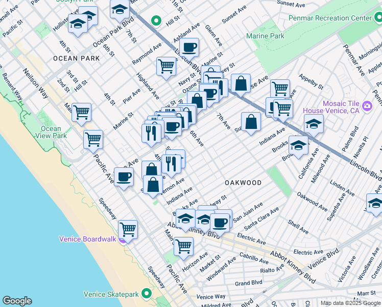 map of restaurants, bars, coffee shops, grocery stores, and more near 541 Sunset Avenue in Los Angeles