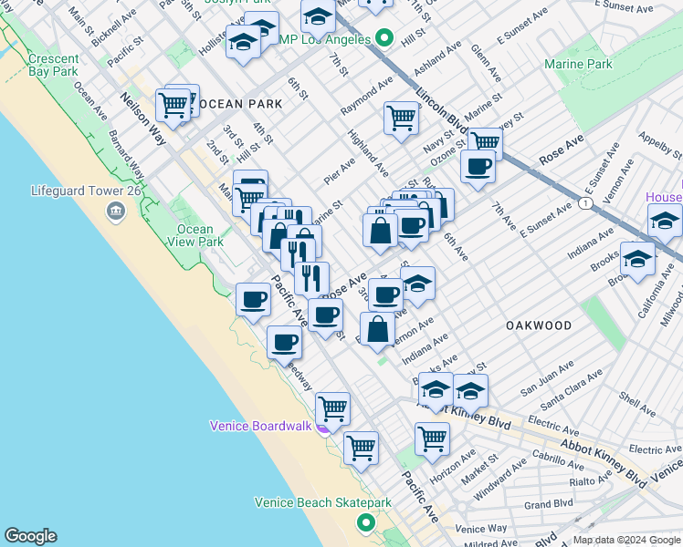 map of restaurants, bars, coffee shops, grocery stores, and more near 345 Rose Avenue in Los Angeles