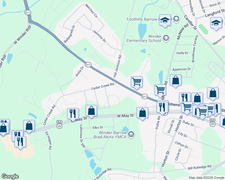 map of restaurants, bars, coffee shops, grocery stores, and more near 274 Georgia Highway 211 in Winder