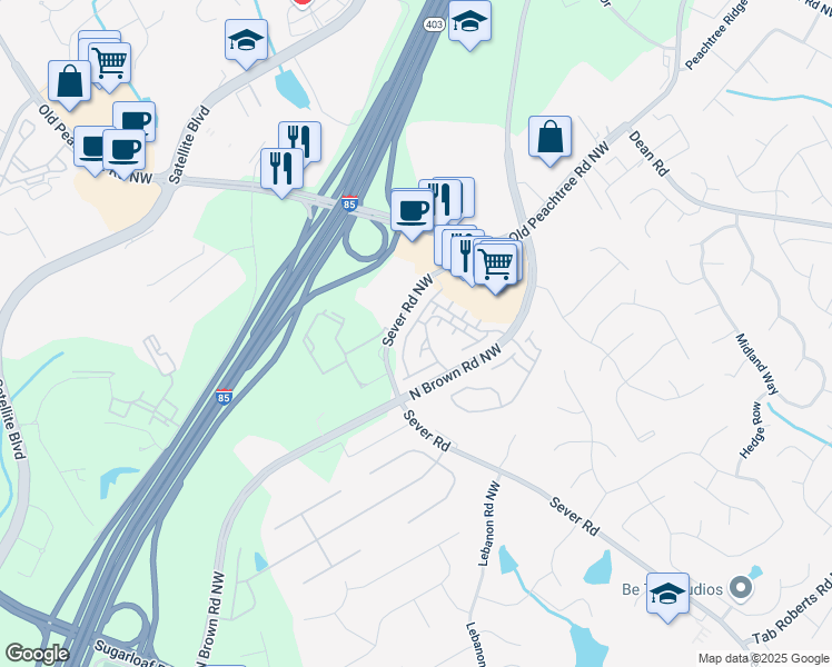 map of restaurants, bars, coffee shops, grocery stores, and more near 2393 Strand Avenue in Lawrenceville