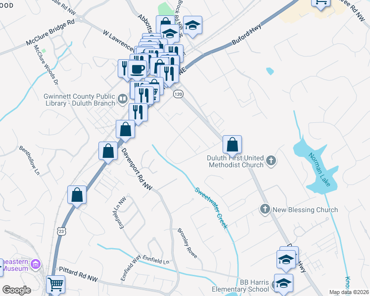 map of restaurants, bars, coffee shops, grocery stores, and more near 3351 Fox Street Northwest in Duluth