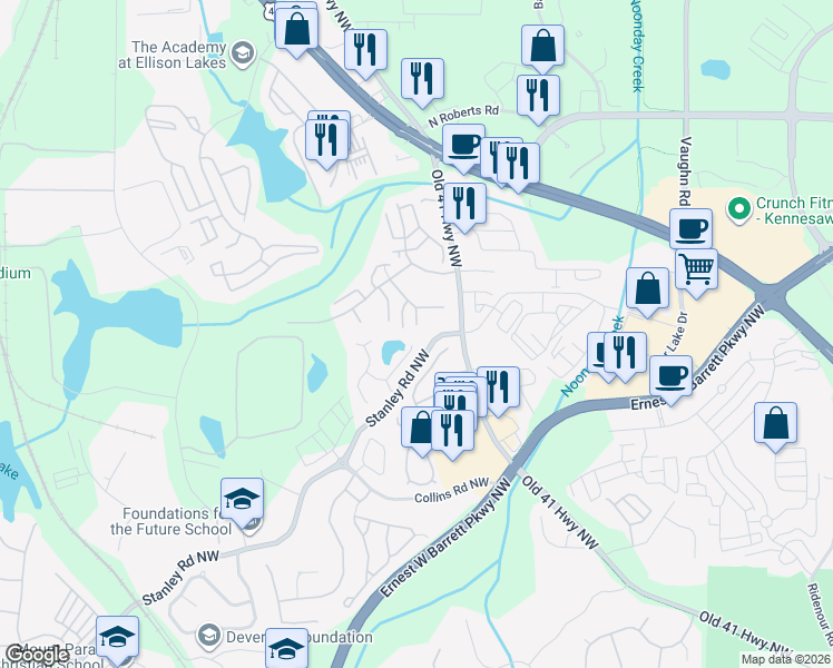 map of restaurants, bars, coffee shops, grocery stores, and more near 1755 Stanwood Drive Northwest in Kennesaw