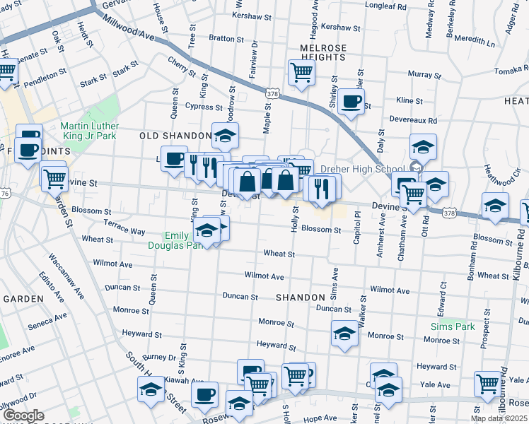map of restaurants, bars, coffee shops, grocery stores, and more near 2803 Shandon Place in Columbia