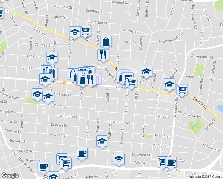 map of restaurants, bars, coffee shops, grocery stores, and more near 3104 Devine Street in Columbia
