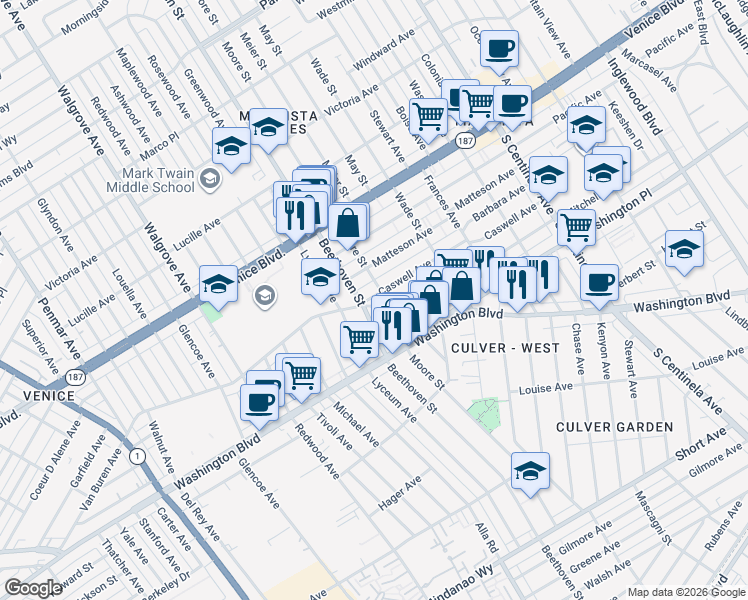 map of restaurants, bars, coffee shops, grocery stores, and more near 3939 Moore Street in Los Angeles