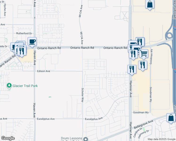 map of restaurants, bars, coffee shops, grocery stores, and more near 3930 East Crisanta Privado in Ontario