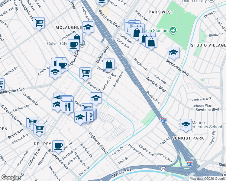 map of restaurants, bars, coffee shops, grocery stores, and more near 11552 Braddock Drive in Culver City