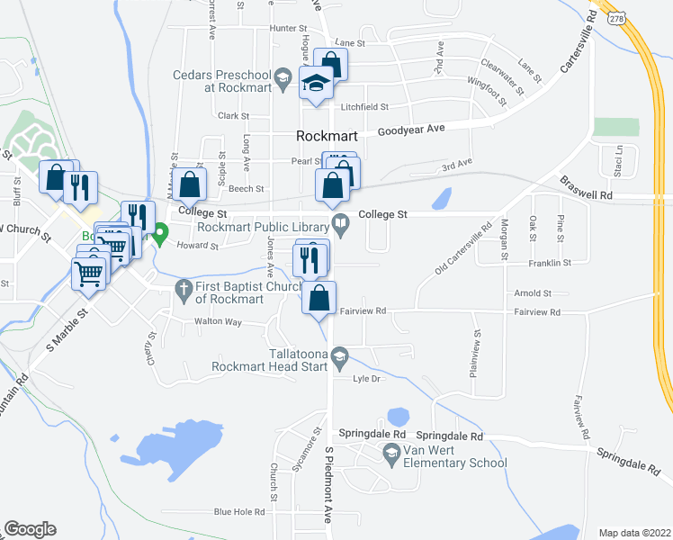map of restaurants, bars, coffee shops, grocery stores, and more near 126 North Piedmont Avenue in Rockmart