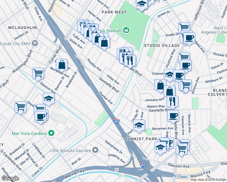 map of restaurants, bars, coffee shops, grocery stores, and more near 5015 Sawtelle Boulevard in Culver City