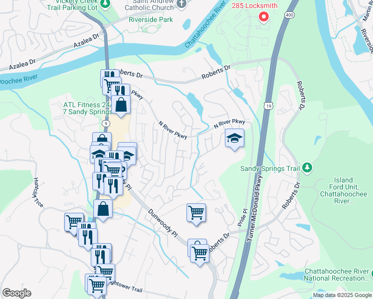 map of restaurants, bars, coffee shops, grocery stores, and more near 3210 Sandalwood Drive in Sandy Springs