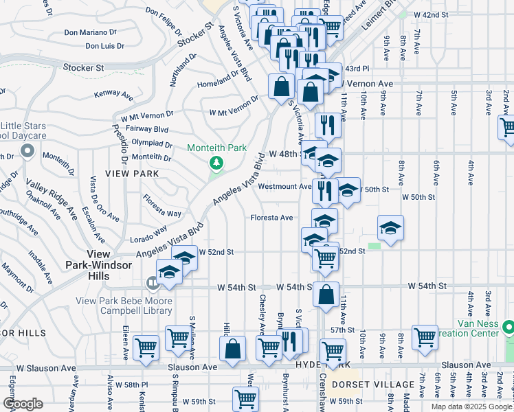 map of restaurants, bars, coffee shops, grocery stores, and more near 4929 Chesley Avenue in View Park-Windsor Hills