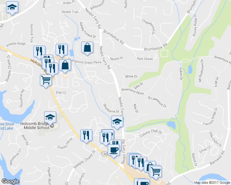 map of restaurants, bars, coffee shops, grocery stores, and more near 135 Halstead Court in Alpharetta