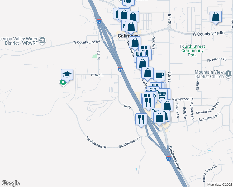map of restaurants, bars, coffee shops, grocery stores, and more near 1116 7th Street in Calimesa