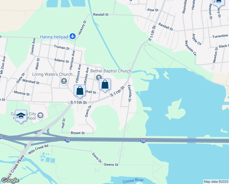 map of restaurants, bars, coffee shops, grocery stores, and more near 1317 South 11th Street in Gadsden