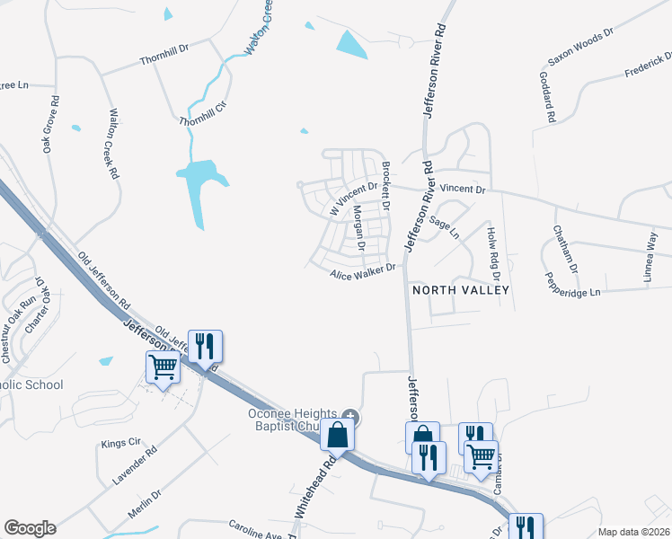 map of restaurants, bars, coffee shops, grocery stores, and more near 176 Alice Walker Drive in Athens