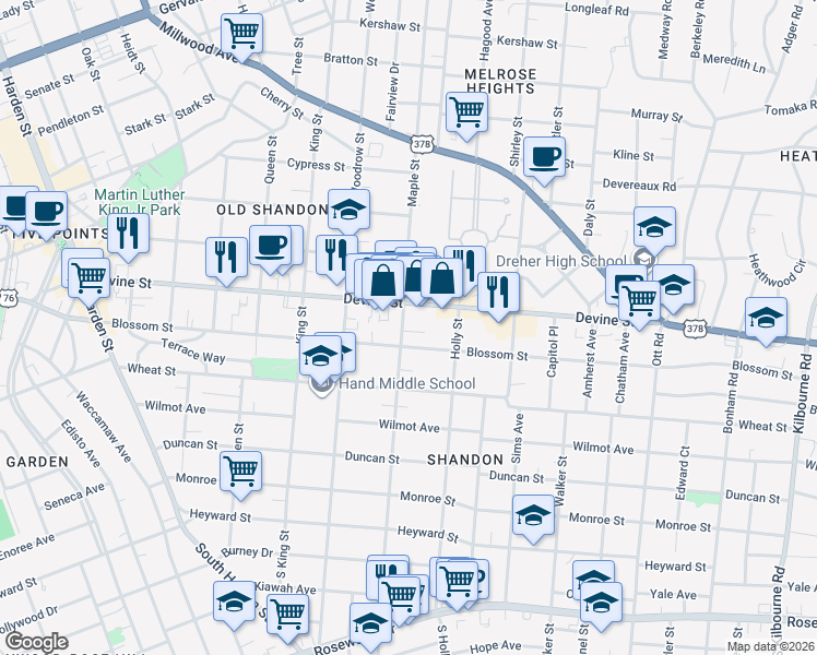 map of restaurants, bars, coffee shops, grocery stores, and more near 2803 Shandon Place in Columbia