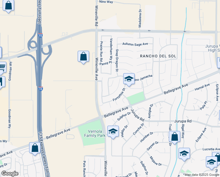 map of restaurants, bars, coffee shops, grocery stores, and more near 4962 Impatiens Circle in Jurupa Valley