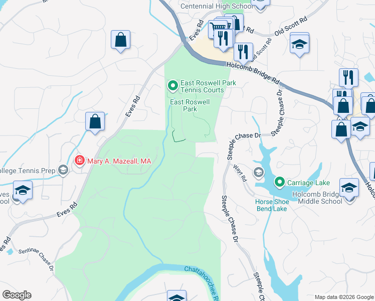 map of restaurants, bars, coffee shops, grocery stores, and more near 725 Danbridge Way in Roswell