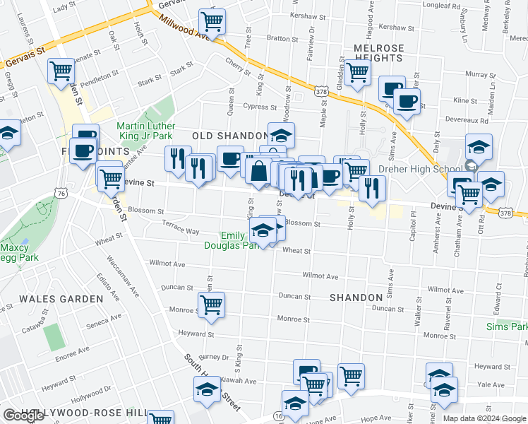 map of restaurants, bars, coffee shops, grocery stores, and more near 607 Woodrow Street in Columbia