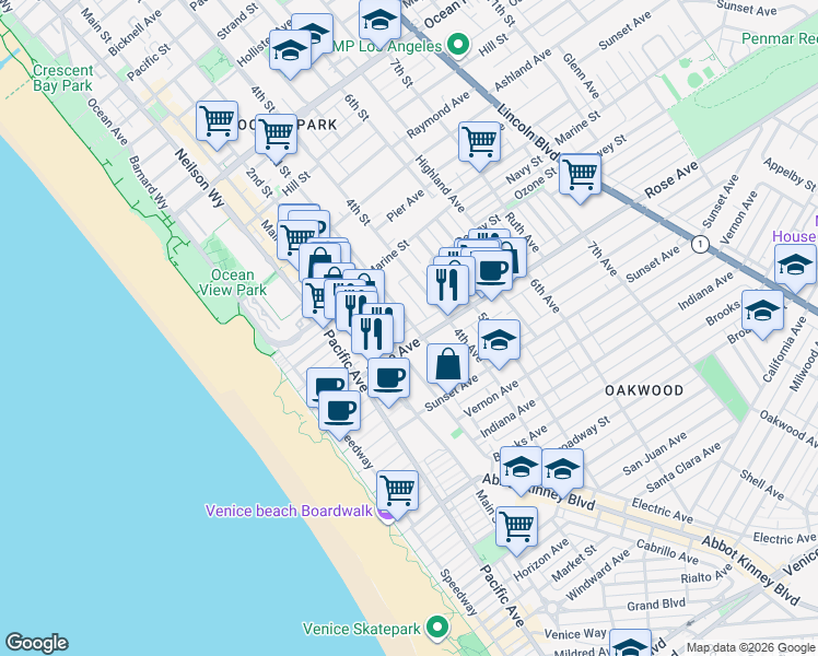 map of restaurants, bars, coffee shops, grocery stores, and more near 253 3rd Avenue in Los Angeles