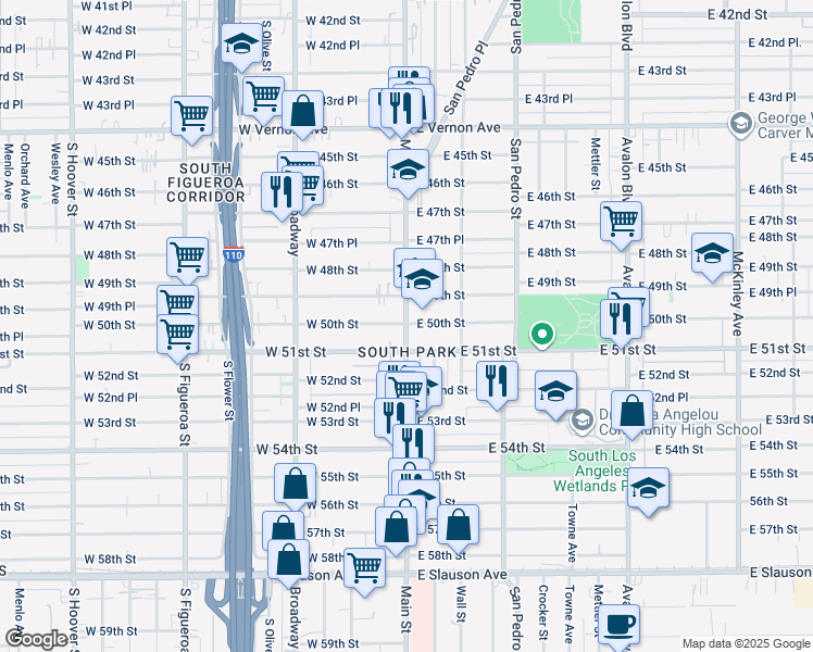 map of restaurants, bars, coffee shops, grocery stores, and more near 5005 South Main Street in Los Angeles