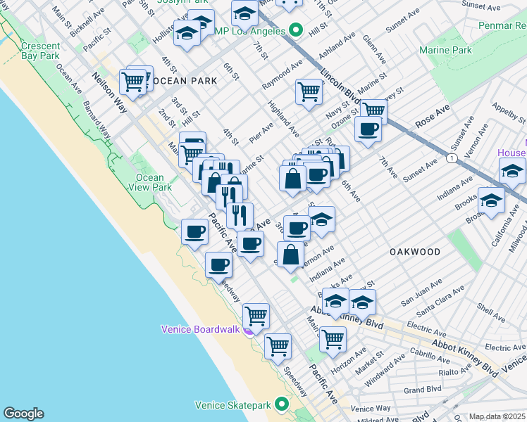 map of restaurants, bars, coffee shops, grocery stores, and more near 253 3rd Avenue in Los Angeles