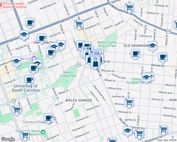 map of restaurants, bars, coffee shops, grocery stores, and more near 701 Santee Avenue in Columbia