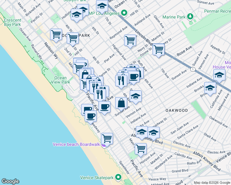 map of restaurants, bars, coffee shops, grocery stores, and more near 341 Rose Avenue in Los Angeles