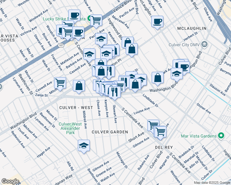 map of restaurants, bars, coffee shops, grocery stores, and more near in Culver City