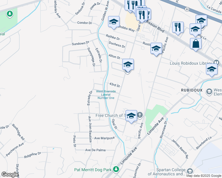 map of restaurants, bars, coffee shops, grocery stores, and more near 6354 43rd Street in Riverside