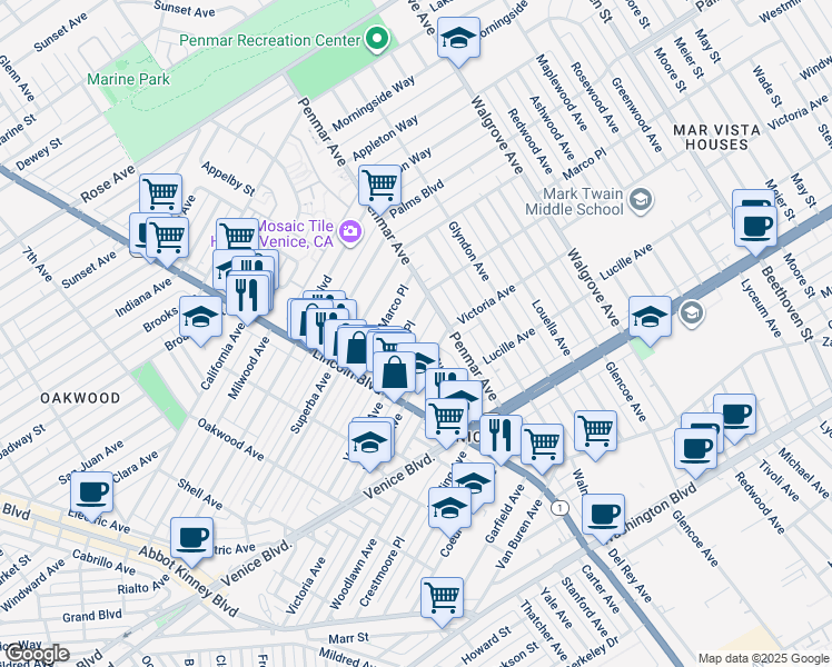 map of restaurants, bars, coffee shops, grocery stores, and more near 1070 Amoroso Place in Los Angeles