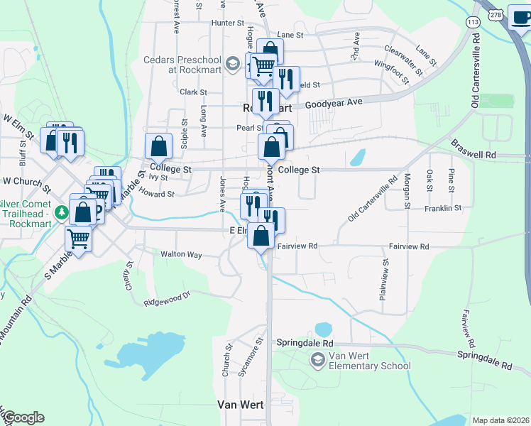 map of restaurants, bars, coffee shops, grocery stores, and more near 126 North Piedmont Avenue in Rockmart