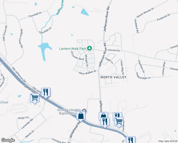 map of restaurants, bars, coffee shops, grocery stores, and more near 136 Alice Walker Drive in Athens