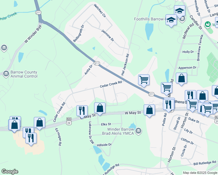 map of restaurants, bars, coffee shops, grocery stores, and more near 306 Cedar Creek Road in Winder