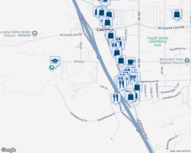 map of restaurants, bars, coffee shops, grocery stores, and more near 1116 7th Street in Calimesa