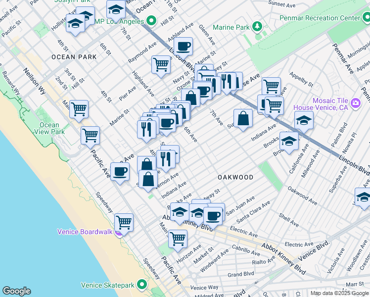 map of restaurants, bars, coffee shops, grocery stores, and more near 541 Sunset Avenue in Los Angeles