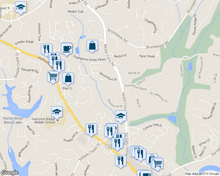 map of restaurants, bars, coffee shops, grocery stores, and more near 8940 Powderdam Dr in Alpharetta