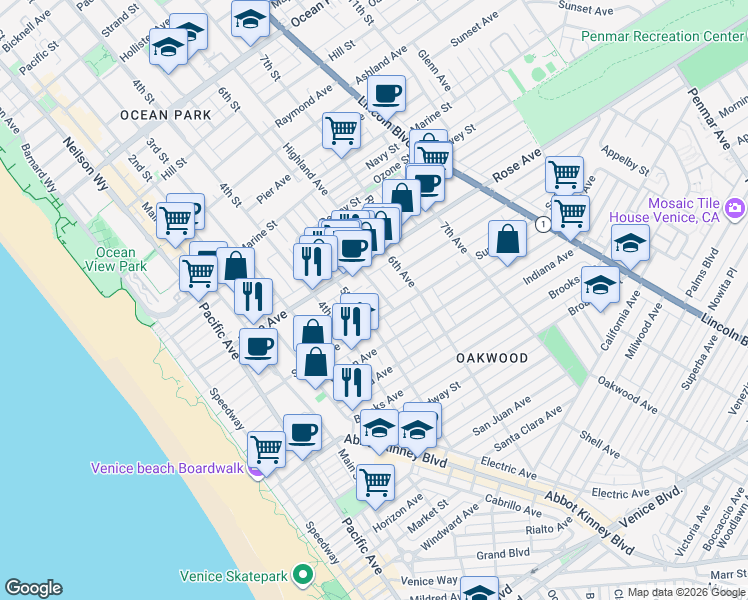 map of restaurants, bars, coffee shops, grocery stores, and more near 343 Rennie Avenue in Los Angeles