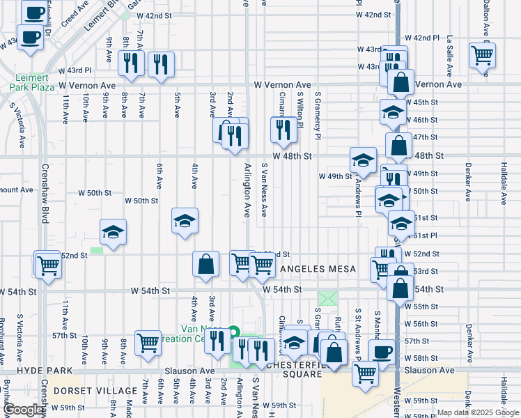 map of restaurants, bars, coffee shops, grocery stores, and more near 5016 South Van Ness Avenue in Los Angeles