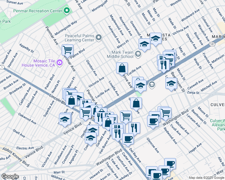 map of restaurants, bars, coffee shops, grocery stores, and more near 2307 Louella Avenue in Los Angeles