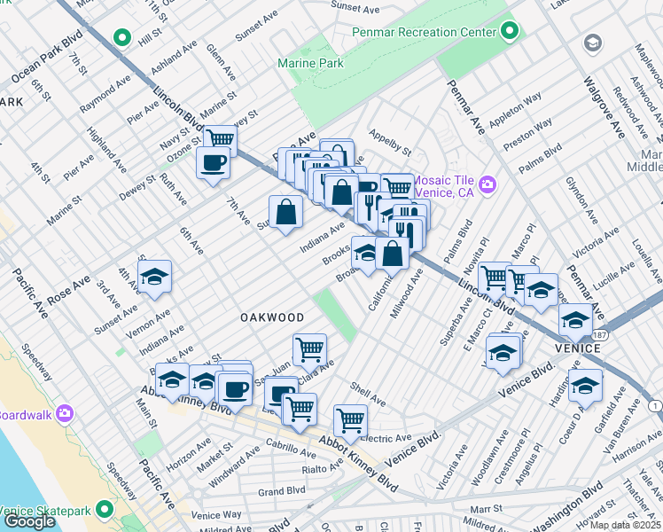 map of restaurants, bars, coffee shops, grocery stores, and more near 748 Brooks Avenue in Los Angeles