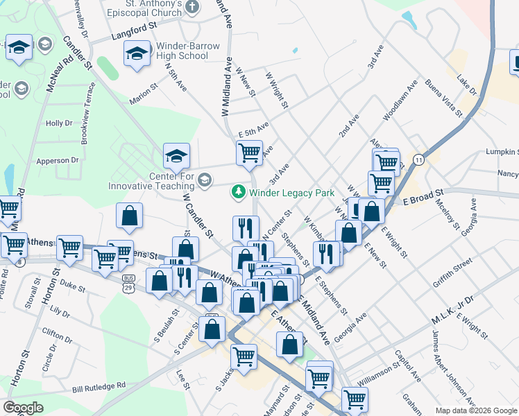 map of restaurants, bars, coffee shops, grocery stores, and more near 93 West Midland Avenue in Winder