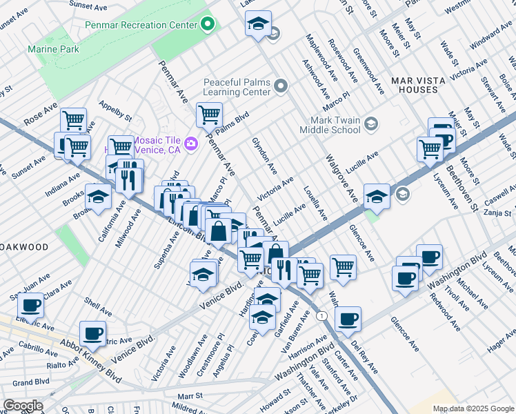 map of restaurants, bars, coffee shops, grocery stores, and more near 2200 Penmar Avenue in Los Angeles