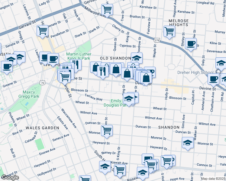 map of restaurants, bars, coffee shops, grocery stores, and more near 2501 Blossom Street in Columbia