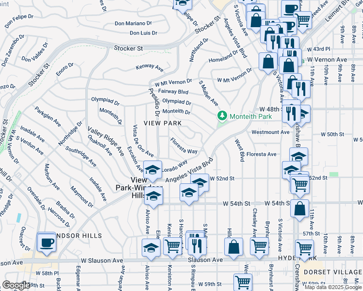 map of restaurants, bars, coffee shops, grocery stores, and more near 3763 Floresta Way in View Park-Windsor Hills
