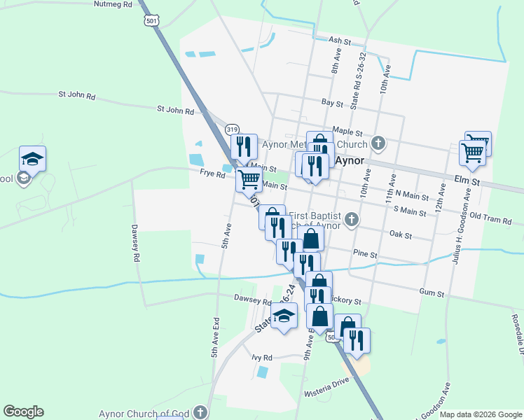 map of restaurants, bars, coffee shops, grocery stores, and more near U.S. 501 in Aynor