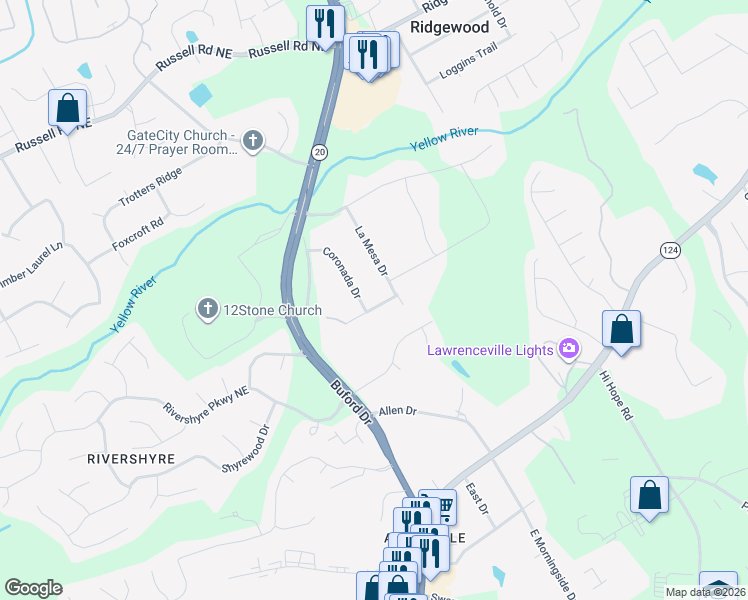map of restaurants, bars, coffee shops, grocery stores, and more near 548 Los Alamos Place in Lawrenceville