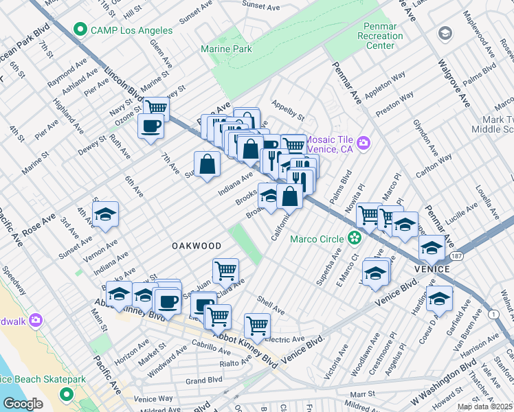 map of restaurants, bars, coffee shops, grocery stores, and more near 809 San Miguel Avenue in Los Angeles